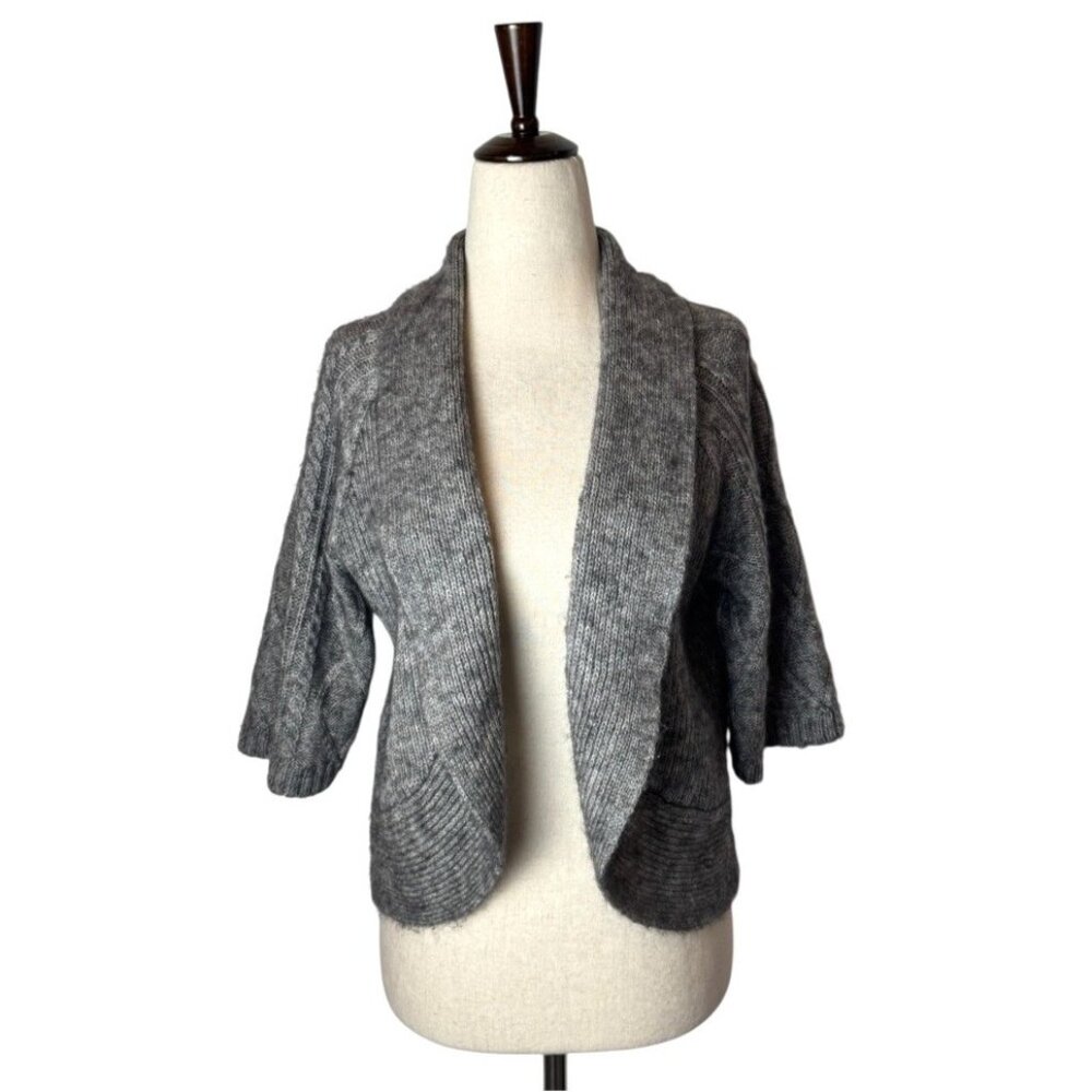 Chico's Sweater Women Medium Gray Wool Blend Cable Knit Open Bolero Cardigan